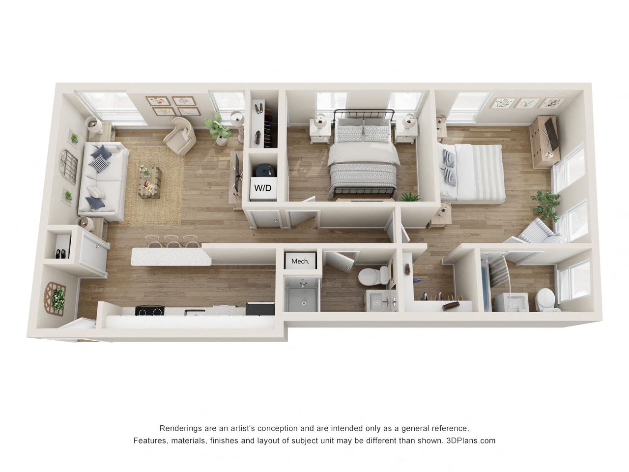 Floor plan for 2 beds, 2 baths, 835 sqft